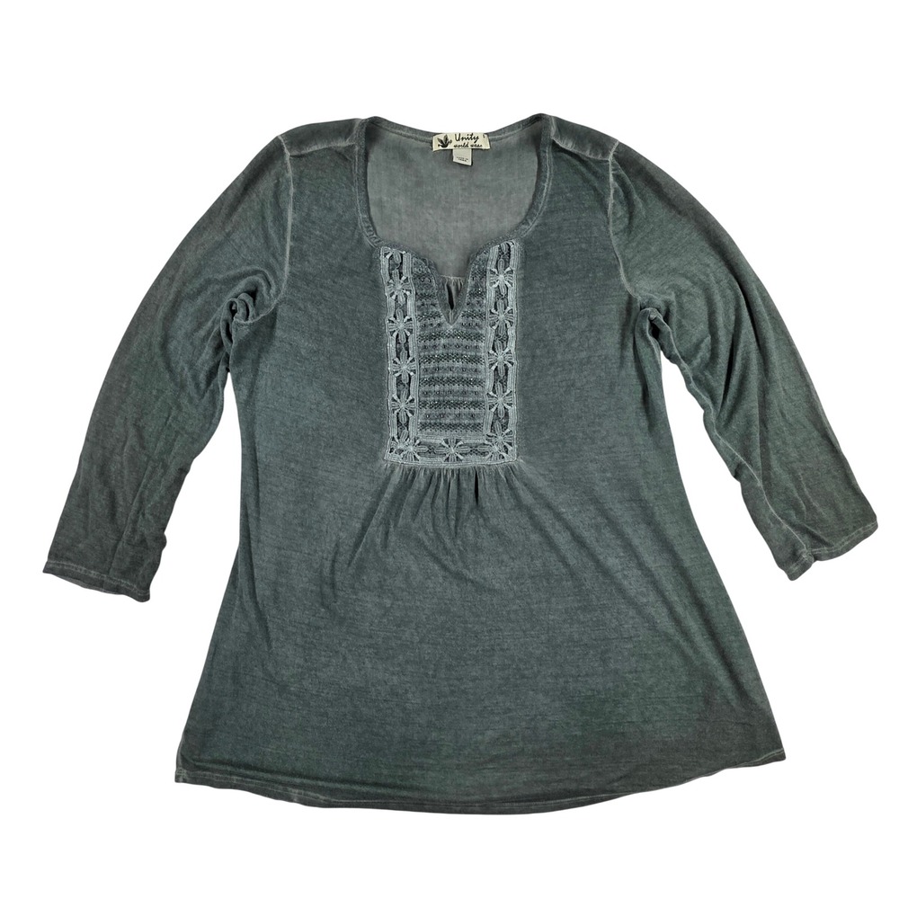Unity World Wear Sage Green Embroidered Beaded Boho Top 3/4 Sleeve Small